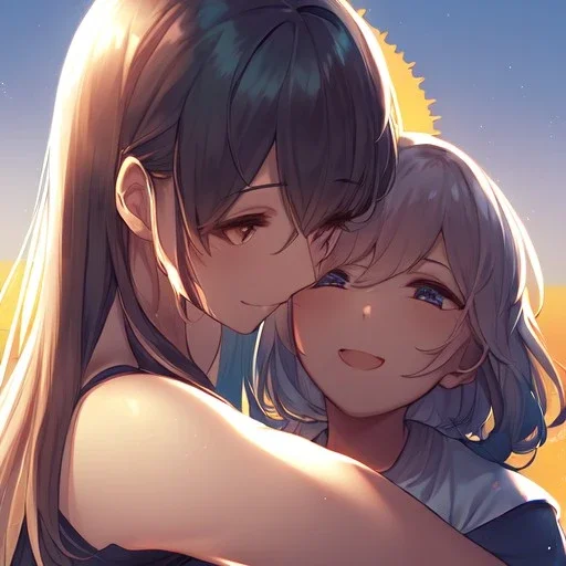 Clear Focus, High resolution, 2 girls hugging, the two girls is a human version of sun and moon, sun if happy and moon is sad, sun in the background