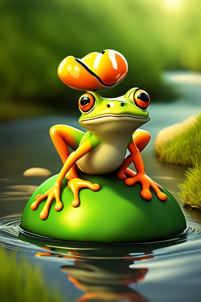 Create a captivating, high-resolution image of a leapfrog on a riverbank. The frog should appear almost hypnotic, with a gaze that directly engages the viewer as if it's looking into the camera. The artwork must be rendered in an 8k ultra-detailed cartoon style, showcasing vibrant colors and intricate details that bring the character to life