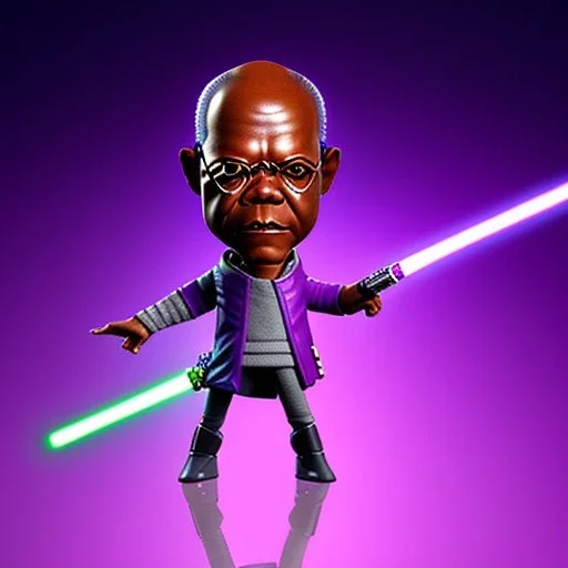 Bald Samuel jackson purple jedi bobblehead holding a lightsaberS and boots,