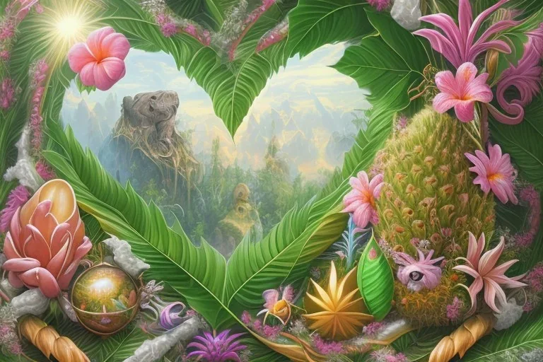 Tropical flowers, realistic heart drawing, crystals, tropical leaves, sacred altar, Fantasy home, cute animal.