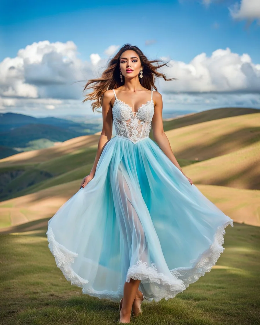 full-body closeup shot of a young, beautiful girl with a perfect face and makeup,wearing pretty dance dress standing in a stage in open air nice hills , blue sky ,pretty clouds at distant