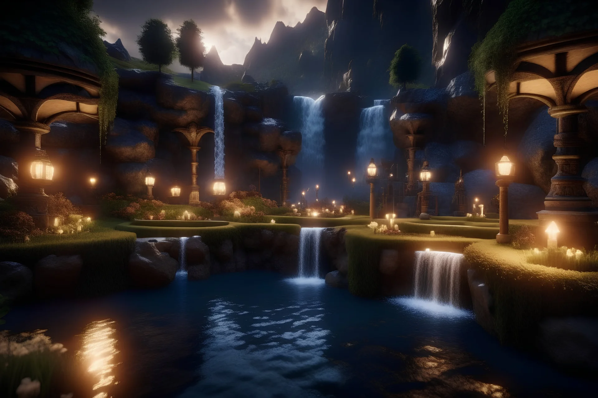 fantasy mini golf course, rendered in unreal engine, cozy lighting, magical, waterfall, realistic rendering, beautiful