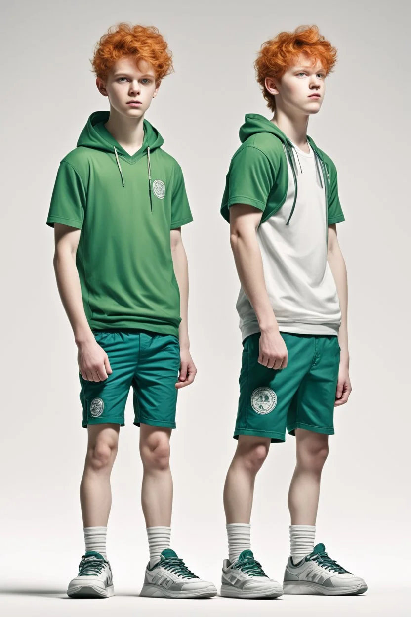 comic style, two teenage brothers, ginger hairs, one is slim, second chubby and lower, typical teenagers, white faces, green eyes, sport shoes, characteristic standing pose for book cover, white background