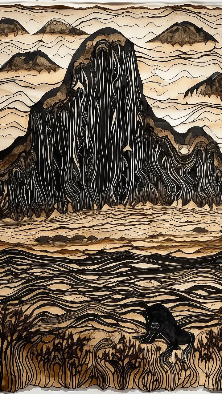 A dark brown prehistoric dry mountain with tar pits designed in Chinese paper art painted by Edvard Munch