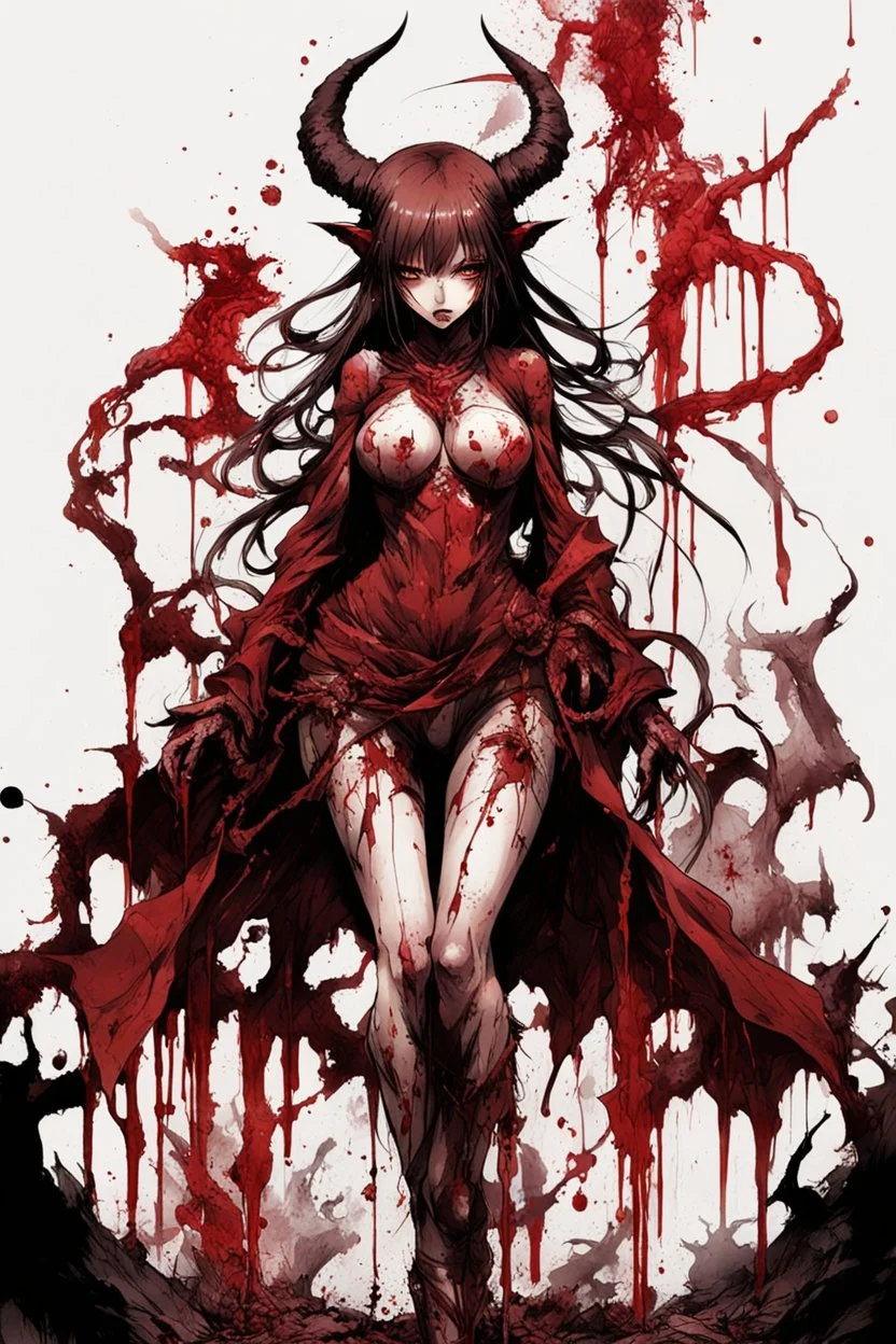 Demon girl wizard in front, fullbody, behind blood guts rising from the ground, illustration by <Yoji Shinkawa>, darkred tones,