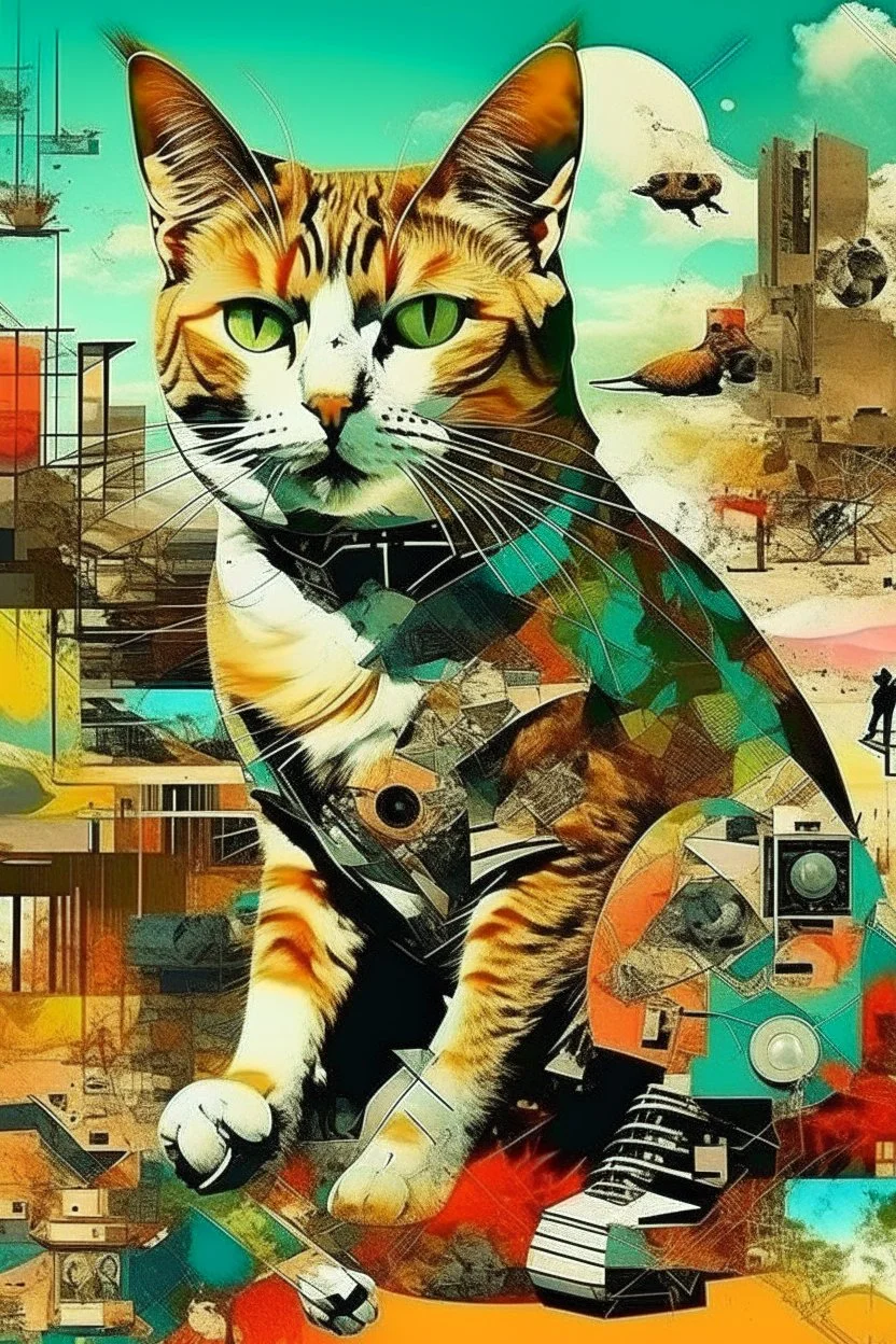 dA cat, abstract and contemporary surrealism, collage of absurd art,.grunge and urban