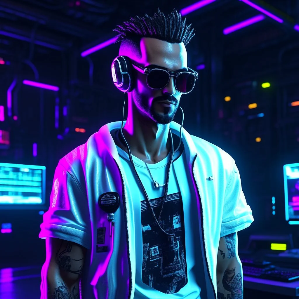 Cyberpunk hacker with a white shirt