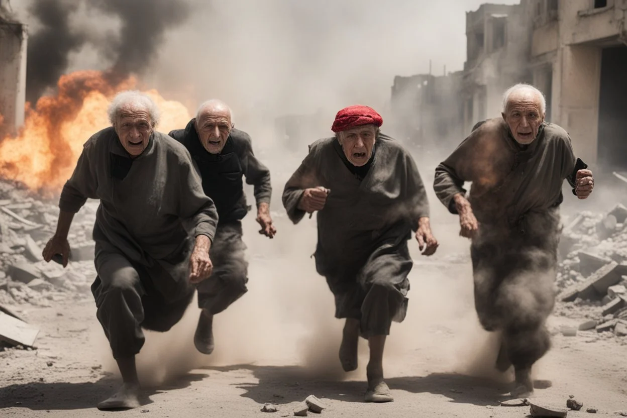 bloody elders with without arms running from bombs in a ruined city in Palestina, smoke and fire and explosions