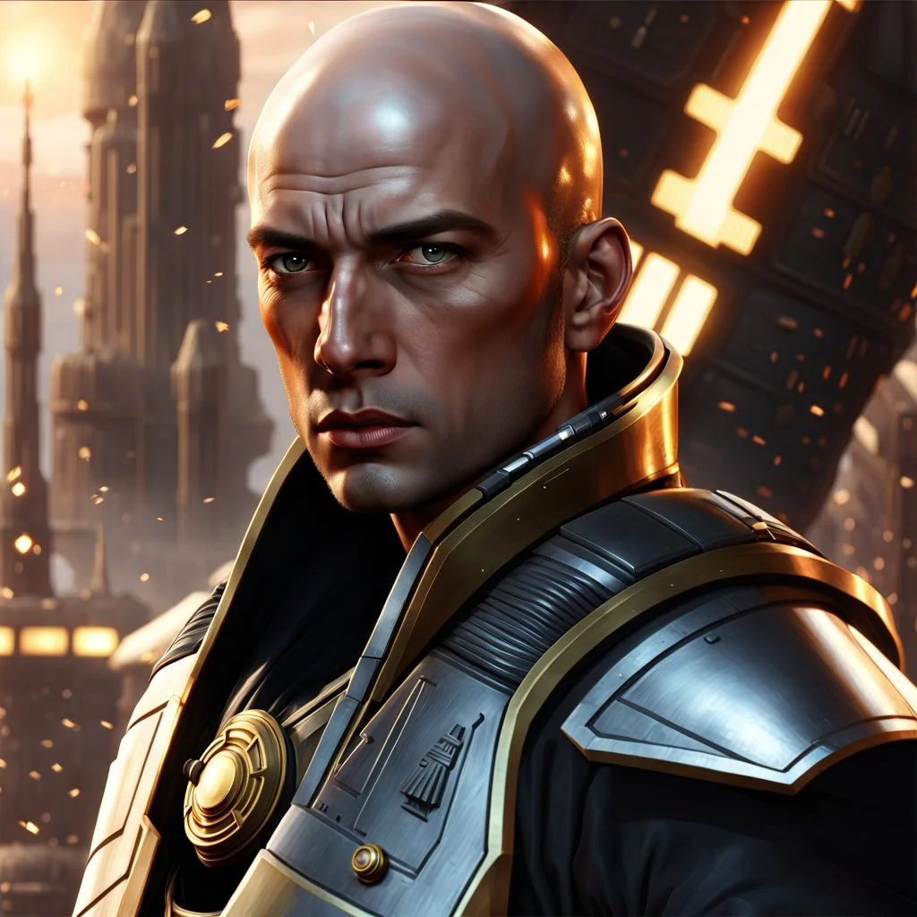 star wars bald male corellian jedi pilot wearing black and gunmetal grey old republic armored robes with gold trim, alone, battle-ready Jedi Master defending a ruined ancient city surrounded by golden light, centered head and shoulders portrait, hyperdetailed, dynamic lighting, hyperdetailed background, 8k resolution, volumetric lighting, light skin, fully symmetric details