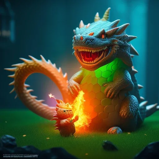 gummy bear fighting a dragon, Photograph, beautiful, Unreal Engine 5, lens macro, realistic, hyper detailed