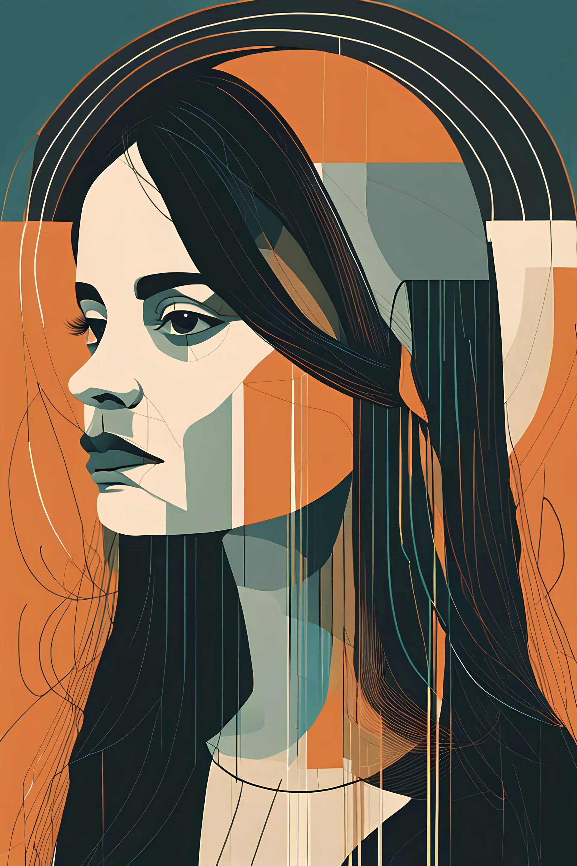 an detailed abstract flat geometric portrait illustration of Hope Sandoval with highly defined facial features in the minimalist style of Willi Baumeister, Federico Babina and Petros Afshar, sharply drawn and finely lined, in vibrant natural colors