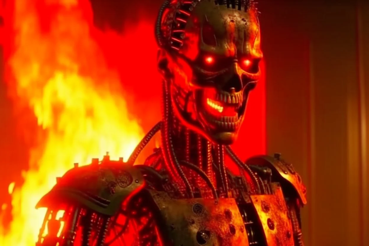 4K. FULL DETAILS. UN TERMINATOR SERRE LA MAIN D'UN FAN DE METAL DANS UN STUDIO EN FEU