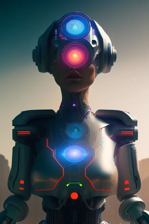 projection of an AI head hovering over an cyberpunk landscape in the distance, a small human walking towards the head, high quality, 4k resolution, high details