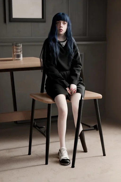 Billie Eilish, sitting on a chair, Black Short Dress, pale skin, high detail, realistic, 8k