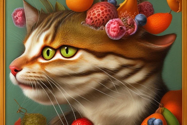 A cat head with fruit fish mouses. Arcimboldo