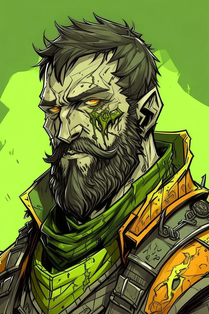 a fantasy zombie soldier. dark short hair, short beard. paladin armour, color green gold and yellow. missing part of cheek from rot. drawing.