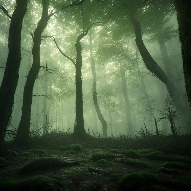 spooky forest, 4k, 8k, highly detailed, cinematic, ultra photorealistic, volumetric lighting, sharp details, mist, trees, depth of field, sun shafts, sunset, wide view