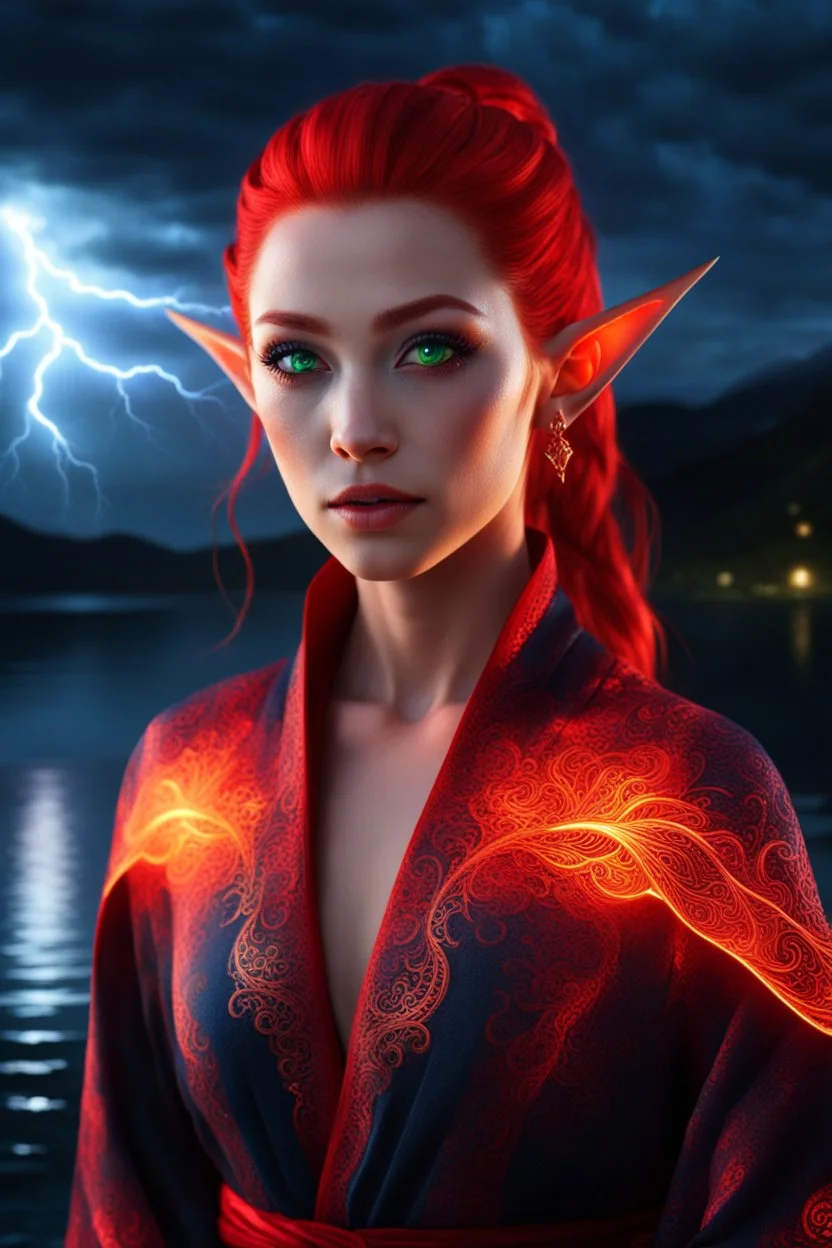 detailed eyes, female elf, red high ponytail hair, detailed glowing ornamental magical pattern robe, glowing gem crackling with lightning implanted on robe, 8k, high detail, lake background, midnight, facing viewer, front facing