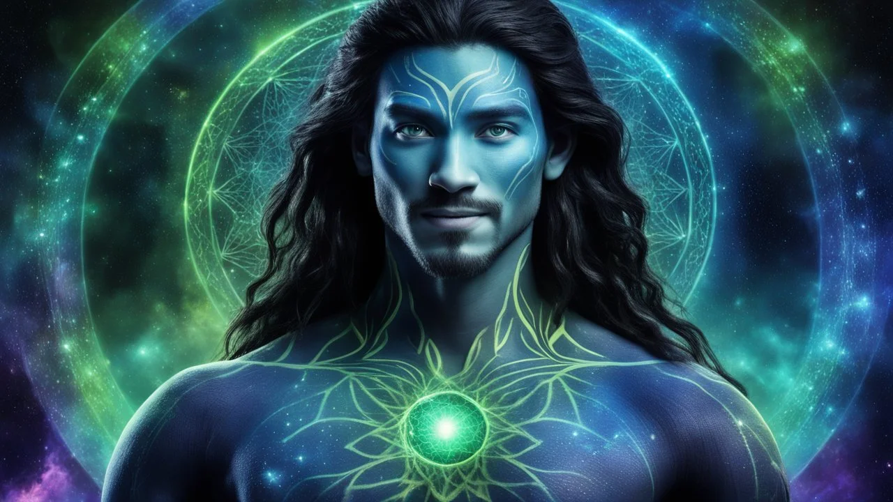 beautiful gorgeous young man na'vi with long hair, Avatar, blue skin, two small ears, green eyes, black hair, in cosmic suit, galactic ambiance, medium pointy goatee , smiling, nebulas and sacred geometry light figures on the backgroud,