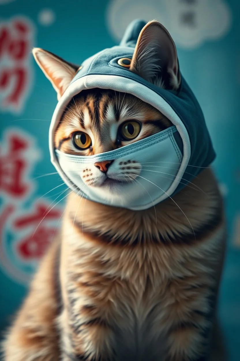 cat with shark hat mask in the style of japanese photo realism