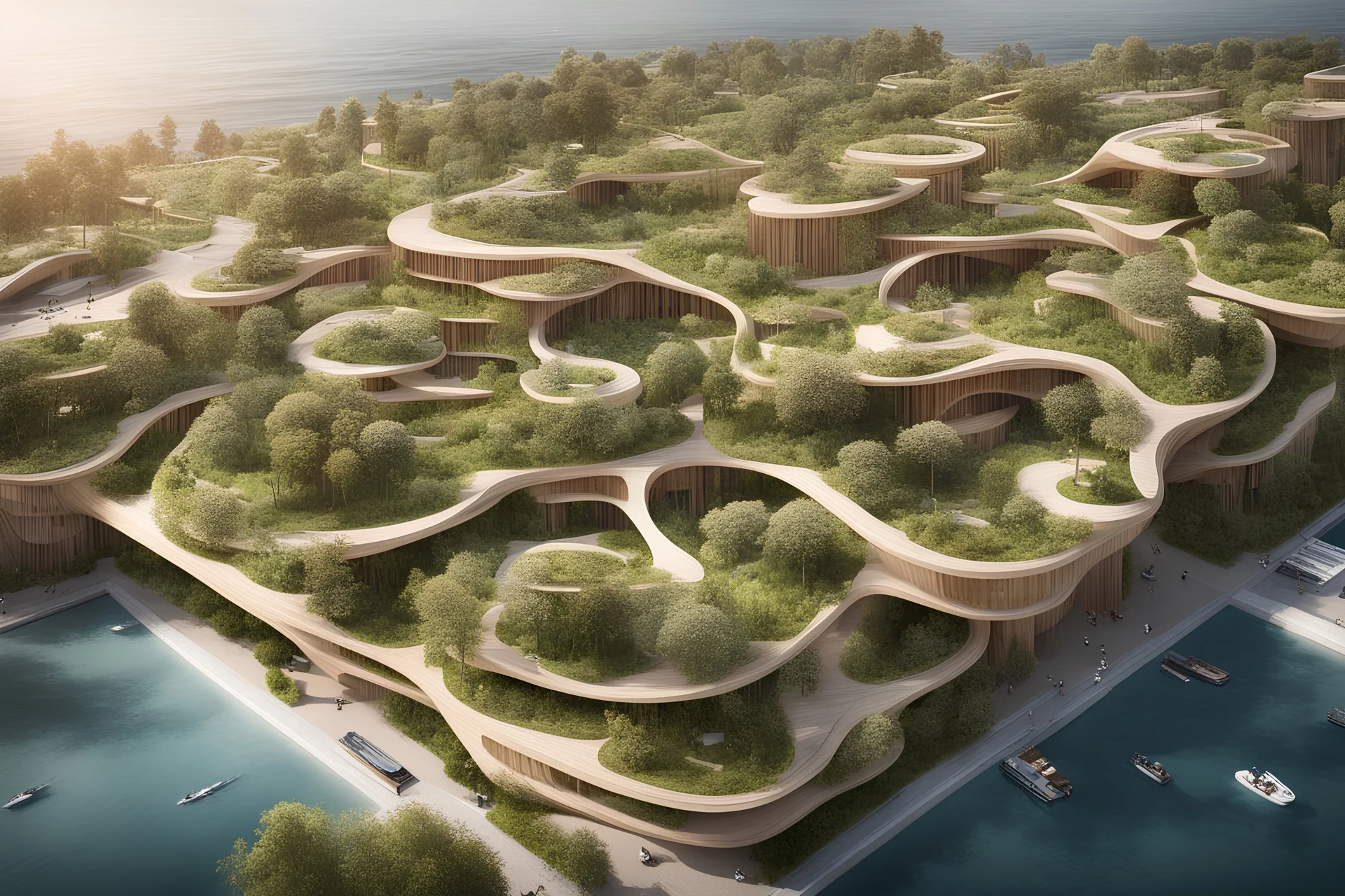 a biophilic wooden big city with streets and parks,amorph building,sea,forest,seafront