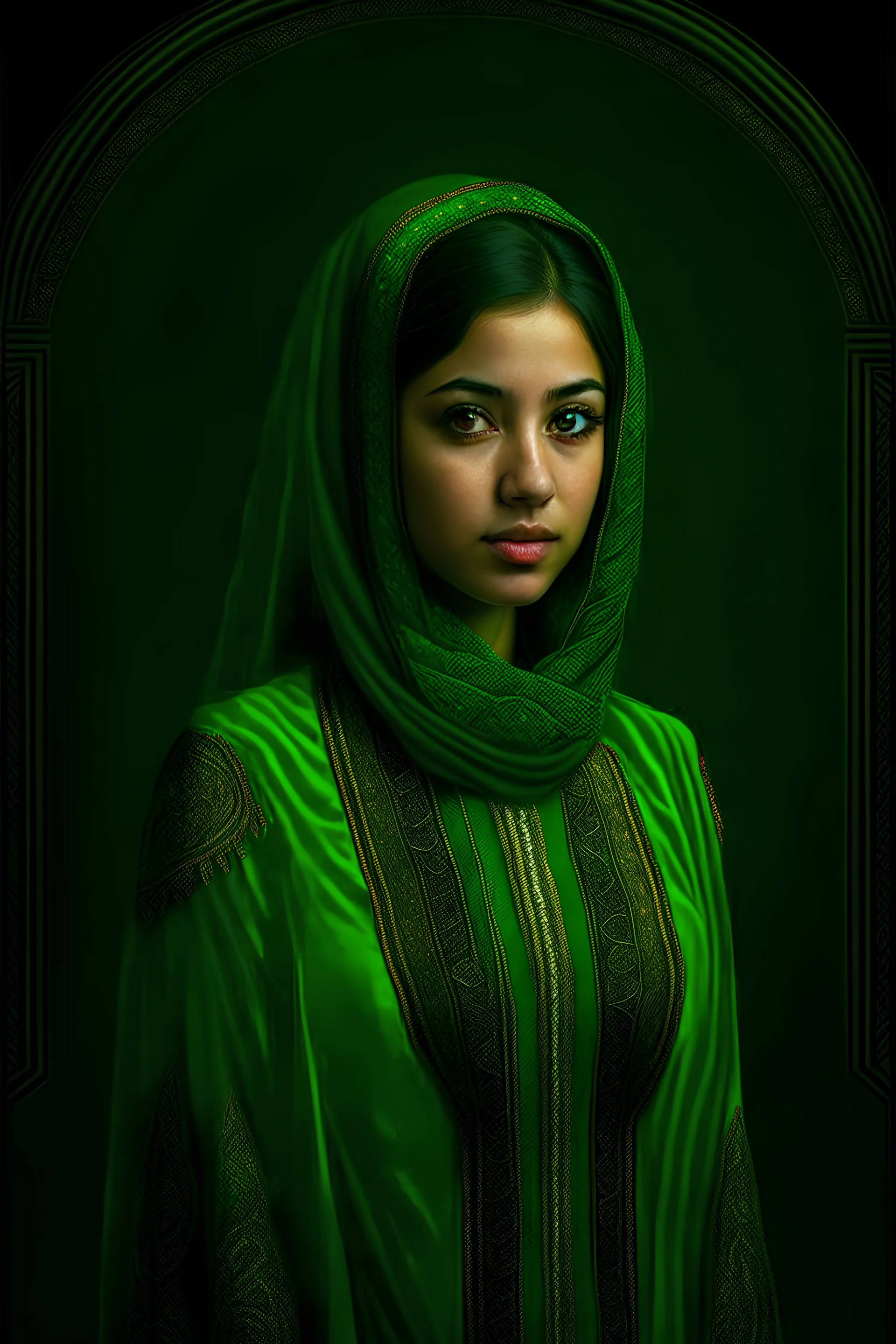 A veiled Muslim woman with calm features, brown eyes with a wheatish complexion, looking forward. The focus is on the waist of the dress. A slim waist and the features of the lady. Asian-Arab features. She wears a dark green satin dress that defines the chest and highlights its beauty. It is embroidered and decorated with delicate, soft ornaments that shine brightly from the chest. The decorations define the shape of the waist in a triangle. At the bottom, it defines the slim waist. The sleeves