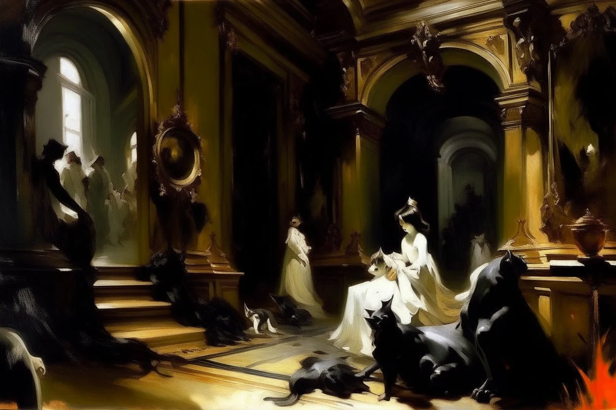 A dark palace in a nightmare realm painted by John Singer Sargent