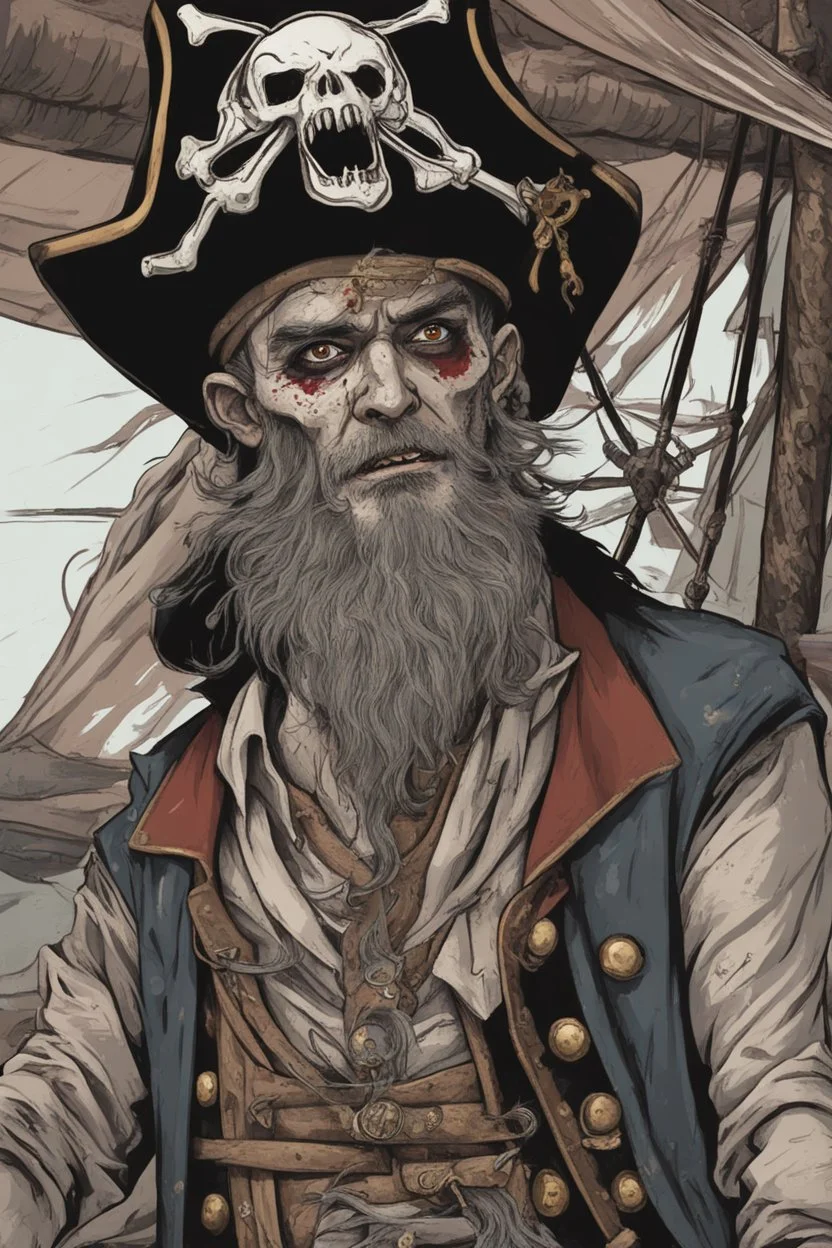 close up portrait of a zombi as a pirate, 2d style, background on a boat