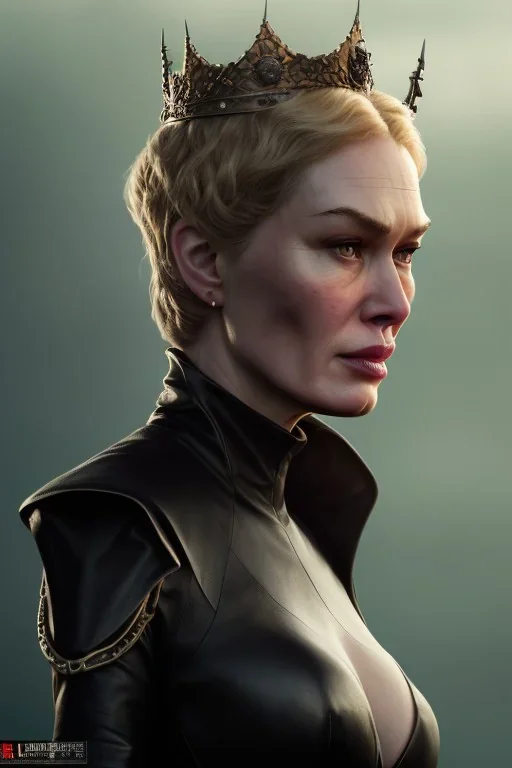 Cersei Lannister as evil queen in black leather, busty, cleavage, curvy, lena headay, angry, stern look. character design by cory loftis, fenghua zhong, ryohei hase, ismail inceoglu and ruan jia. unreal engine 5, artistic lighting, highly detailed, photorealistic, fantasy