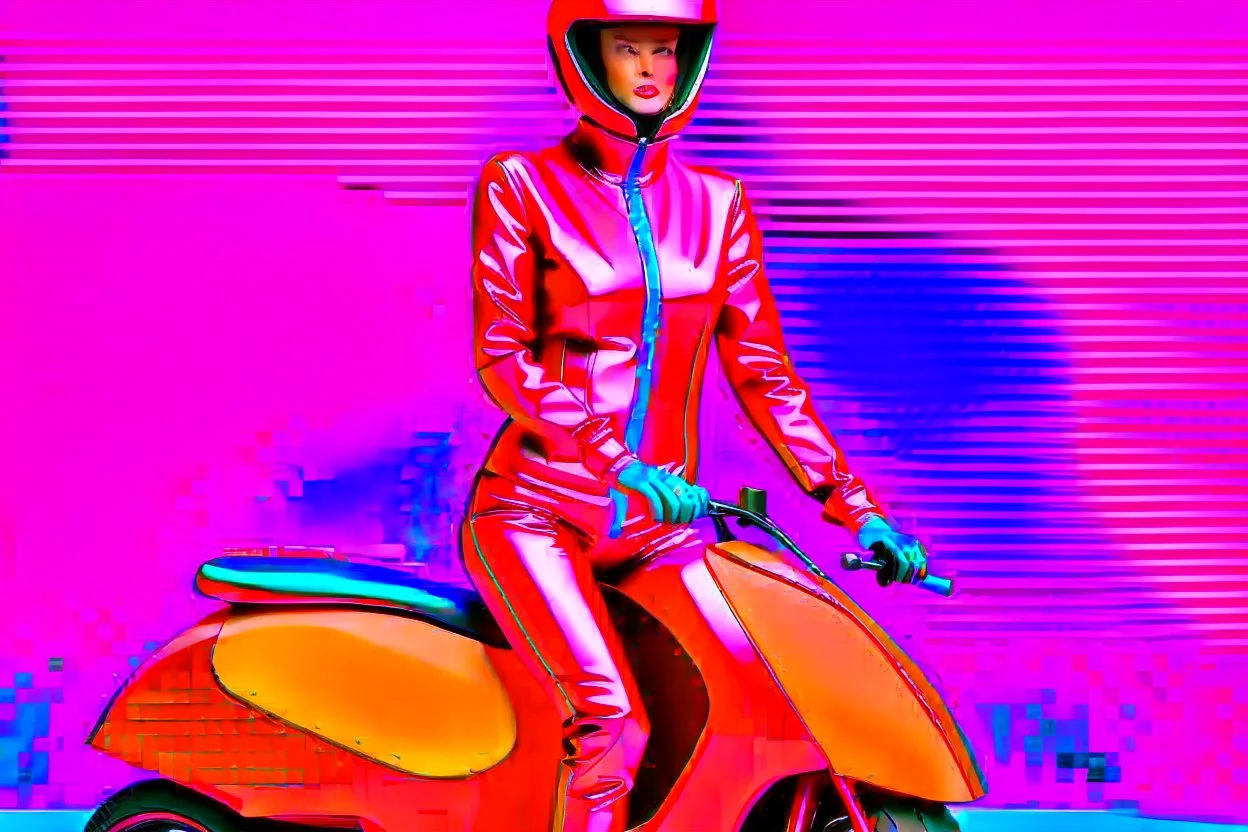 Hyperrealistisch stämmige, üppige Frau völlig verhüllt von pinkfarben glänzendem Ganzkörper-Zentai mit geschlossenem Visier in pinkfarbenem, geschlossenem Helm fährt pinkfarbenen Elektro Scooter