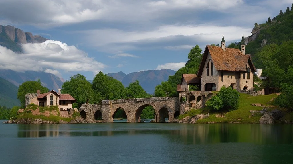 small gothic medieval house built into a rock face, lake, trees, arches, bridge, foliage, balconies, verandas, blue sky, white clouds