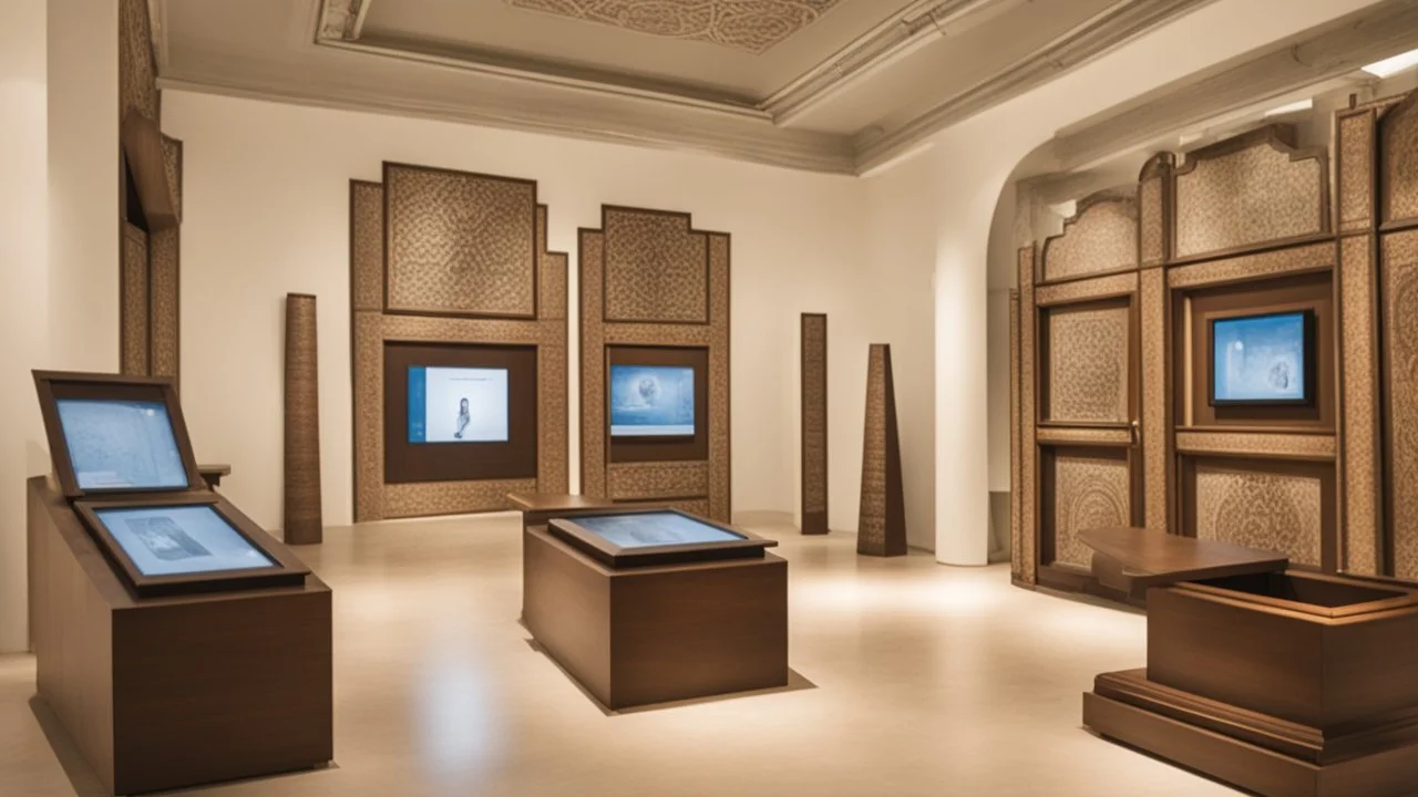 Interactive display screens in the Naqshahat Museum showroom, measuring 10 meters by 14 metres