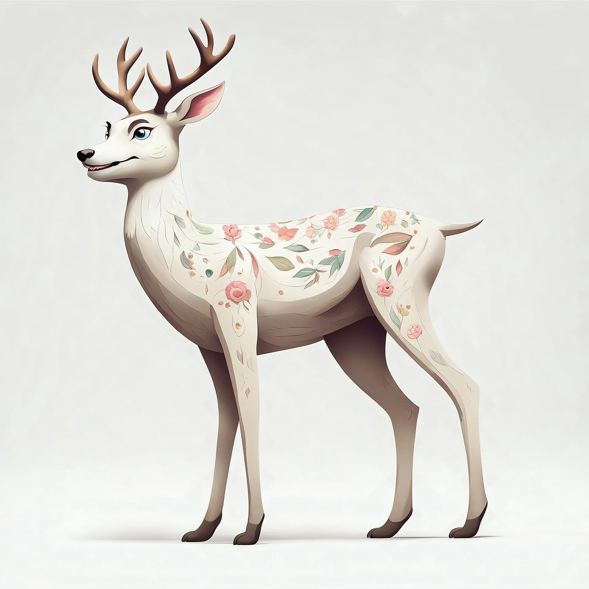 full body of a bald white tail deer standing with big smile facing the left and looking to the left , on white background, in the style of my little pony