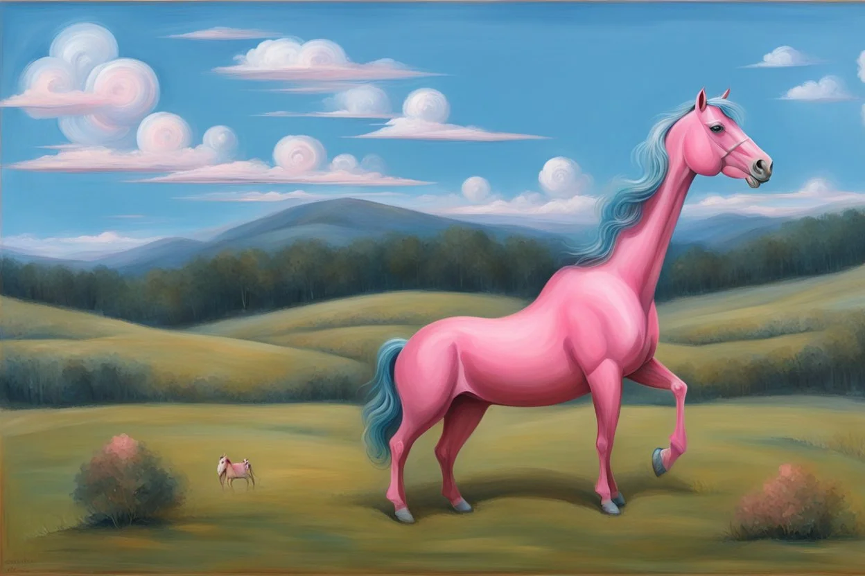 a big plastic pink horse like a 19th painting