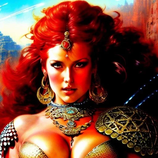 Drawing of beautiful face,'beautiful,Busty fit Red Sonja',intense stare, ancient skintight armor, balanciaga fashion clothe painting by gaston bussiere, greg rutkowski, yoji shinkawa, yoshitaka amano, tsutomu nihei, donato giancola, tim hildebrandt, Oil on canvas, cinematic composition, extreme detail,fit full head inside picture,16k