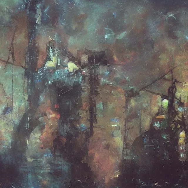 photographic camera in abstract style. fog and smoke in atmosphere. bokeh, lens flare. Dark mood. Dripping paint. oil on canvas, high detailed. beksinski