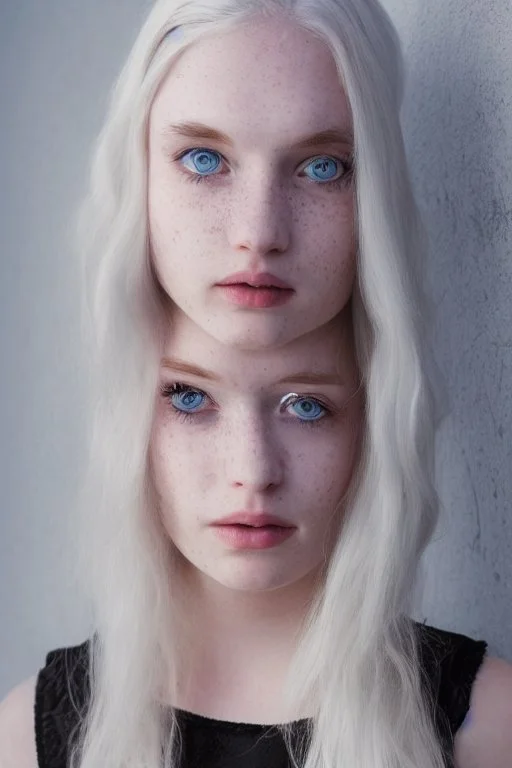 A beautiful young woman with long white hair and blue eyes, pale skin with opal freckles. Wearing a black dress