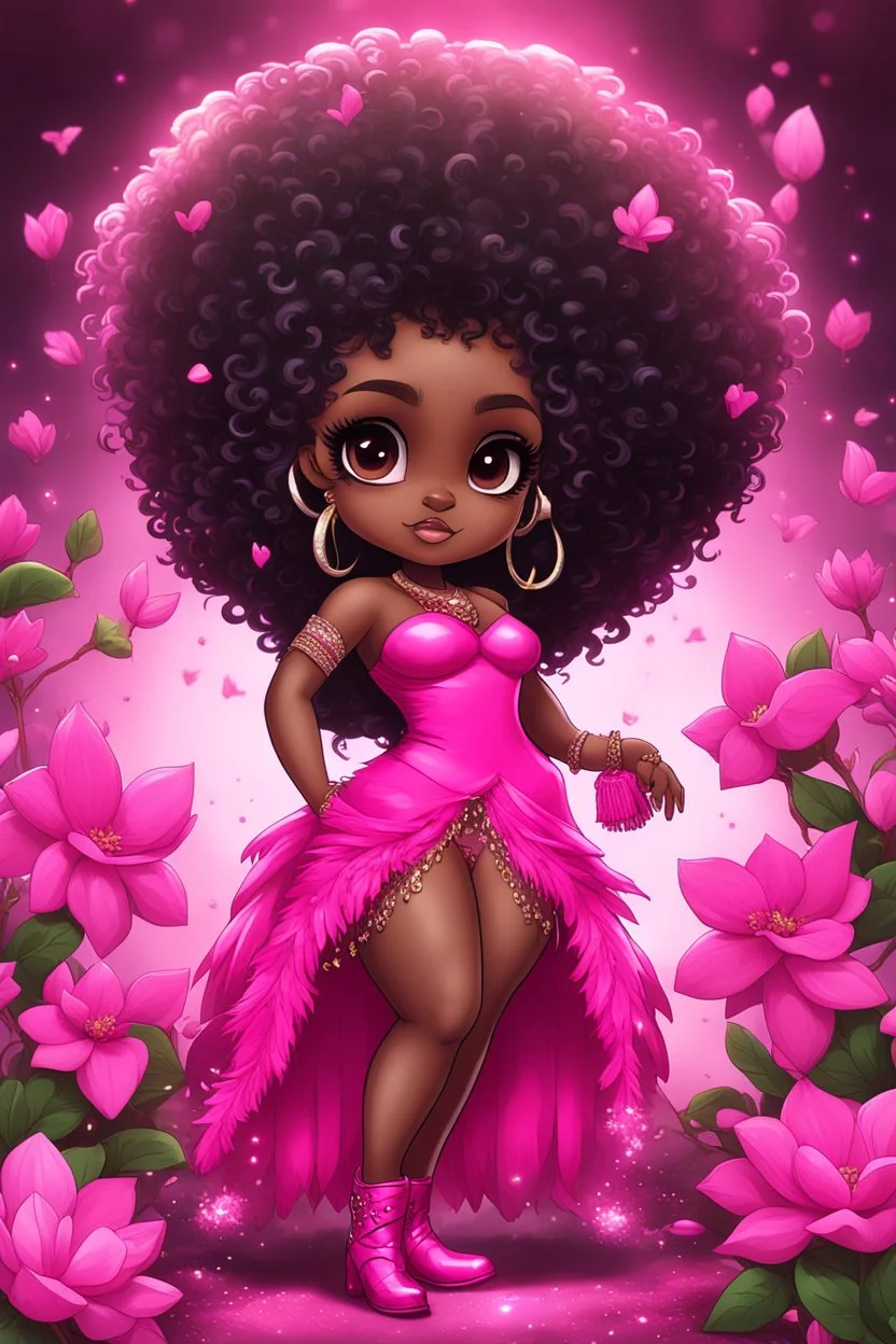 create a comic book art image of a chibi curvy size dark skinned Black female wearing a hot pink maxi dress with sparkle hot pink cowboy boots. Prominent make up with brown eyes, she is wearing hot pink feather tassel earrings and lush lashes. extremely detailed tight curly ombre afro. background of pink and silver magnolia flowers everywhere