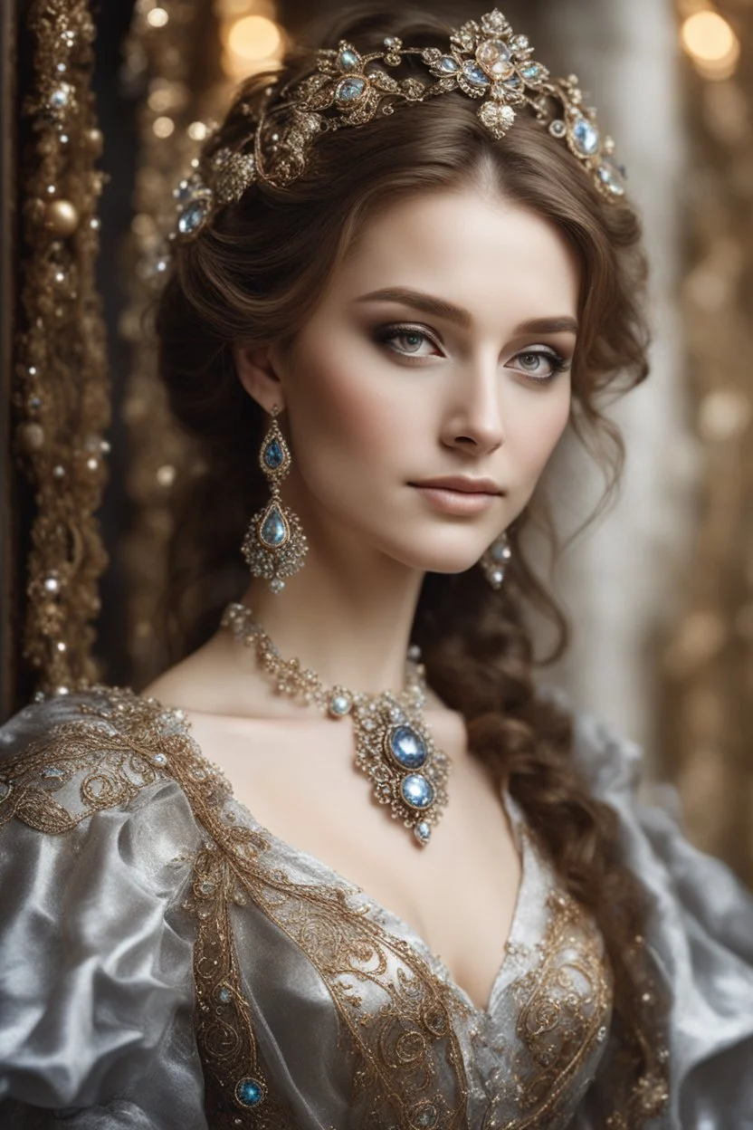 Full body photography cinematic realistic soft blur ,natural beauty, of young woman, smiling, beautiful, shiny grey eyes, make up, Victorian Russian style, shiny baubles, ornate, large gemstones, shiny molten metalics, shiny wire filigree, brown hair, high definition,photography art