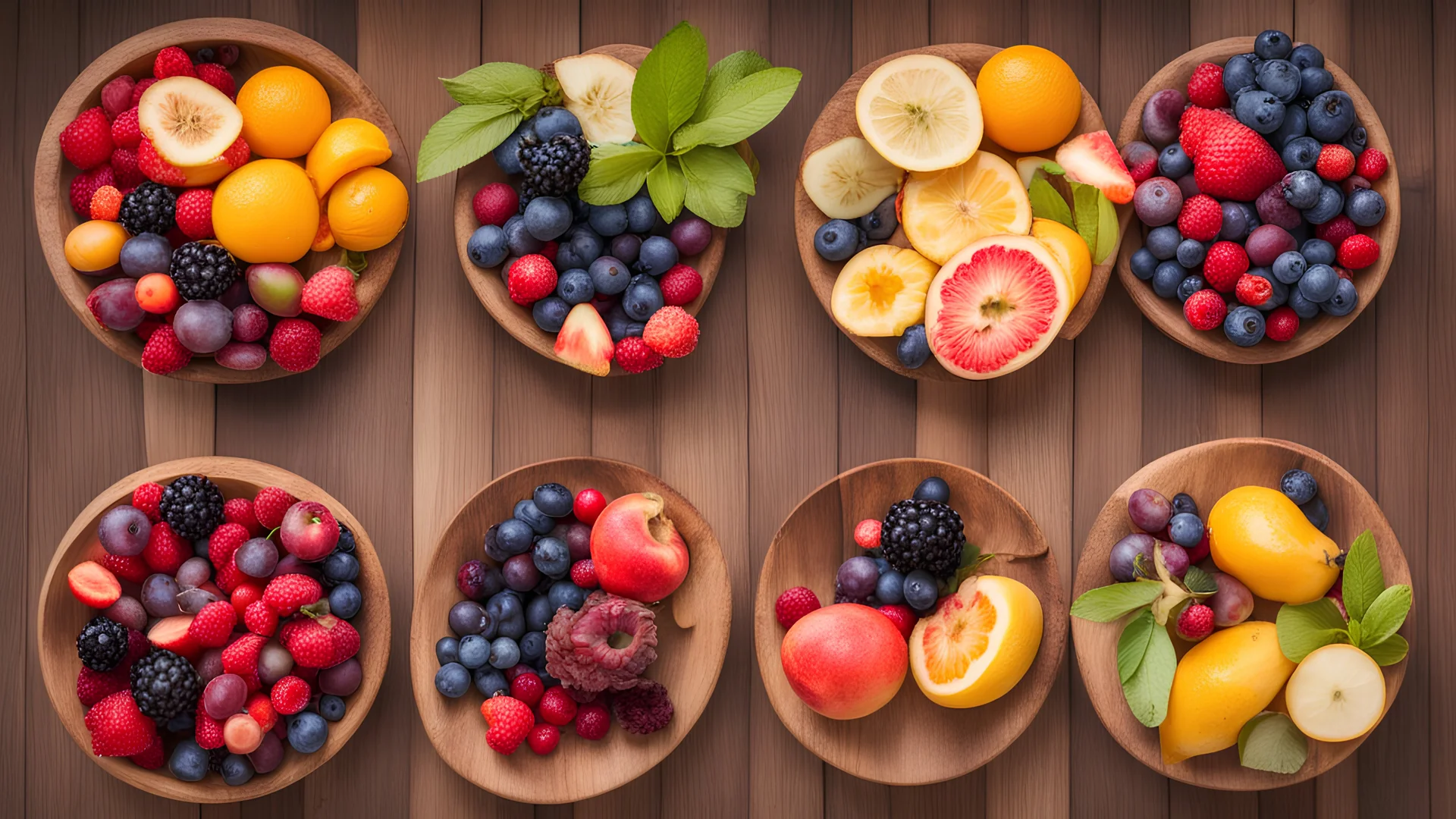 Set of summer fruits and berries in wooden serving.