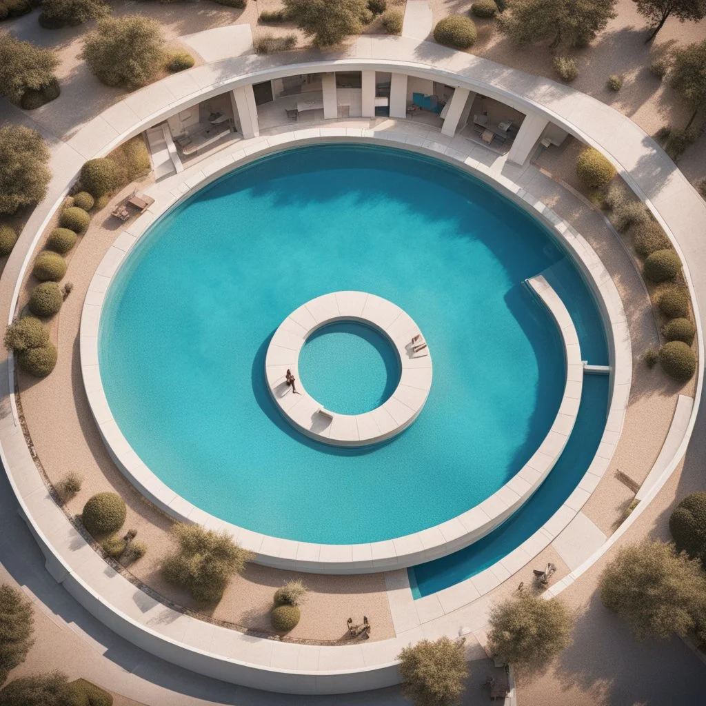 a surreal aerial perspective of a suburban pool shaped as a long cylinder with two circular sections jutting out at one end, photograph, beautiful composition, humorous, whimsical