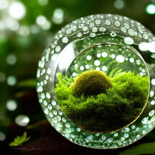 cinematic shot of flowers and ferns inside a crystal mesh ball, waterdrops, dewdrops, moss, crystal, luxurious, bell jar