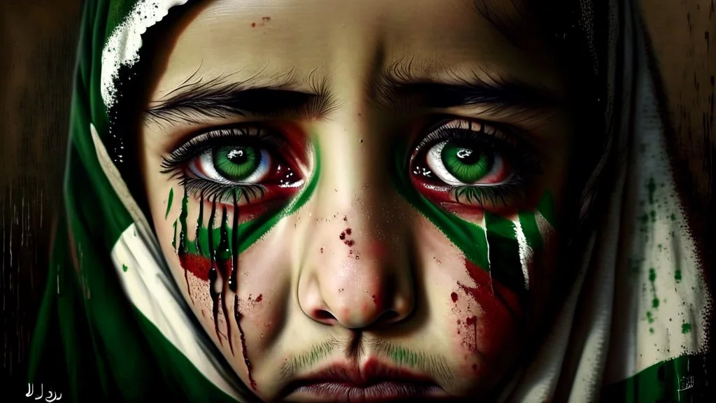 A girl wearing a Palestinian dress with tears in her eyes Her eye color is green Its color is brown Carrying the Palestinian flag