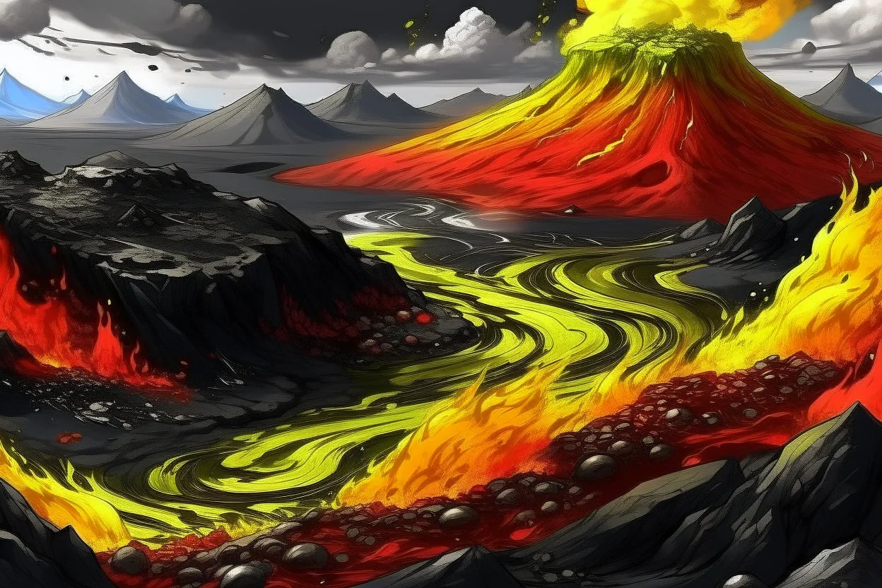 acidic soil in anime style with lava and mountains , red white yellow black colors , magic the gathering style, hyper realistic style