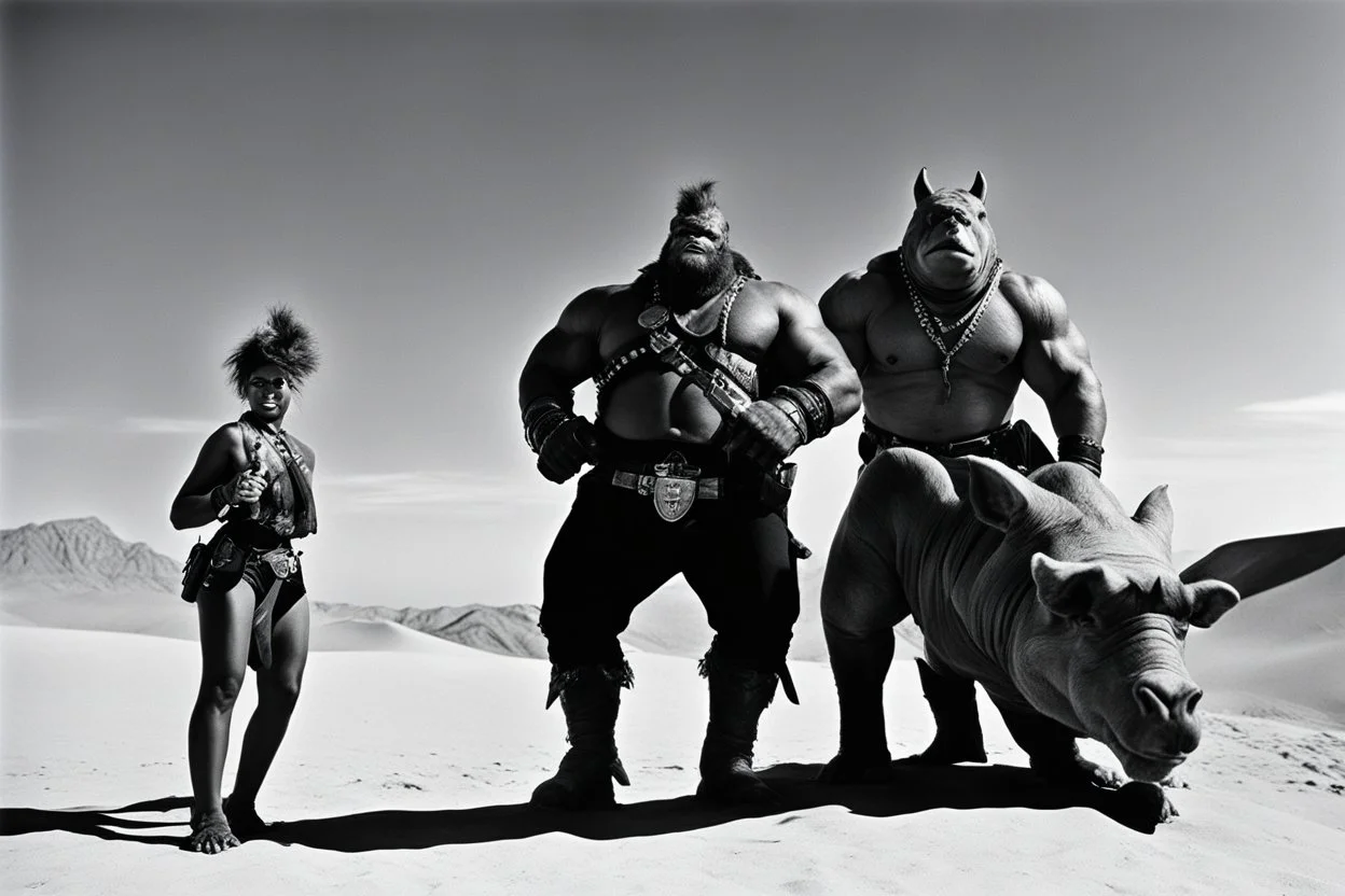 [art by Helmut newton] Bebop and Rocksteady, low angle view in the desert of the lostlands