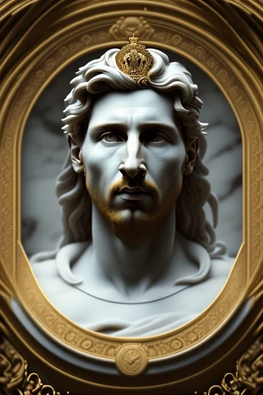 Ultra Realistic image, classical renaissance sculpture, white marble material, Lionel Messi, sun radial crown, chisel style, waist up portrait, epic, celestial, gold, cinematic lighting, God light, god rays, 4k resolution, smooth details, ornate details, soft lighting, unreal engine 5, marble background.