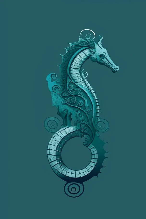 minimalist logo featuring seahorses in a katamaran in gothic style and blue-green hues.