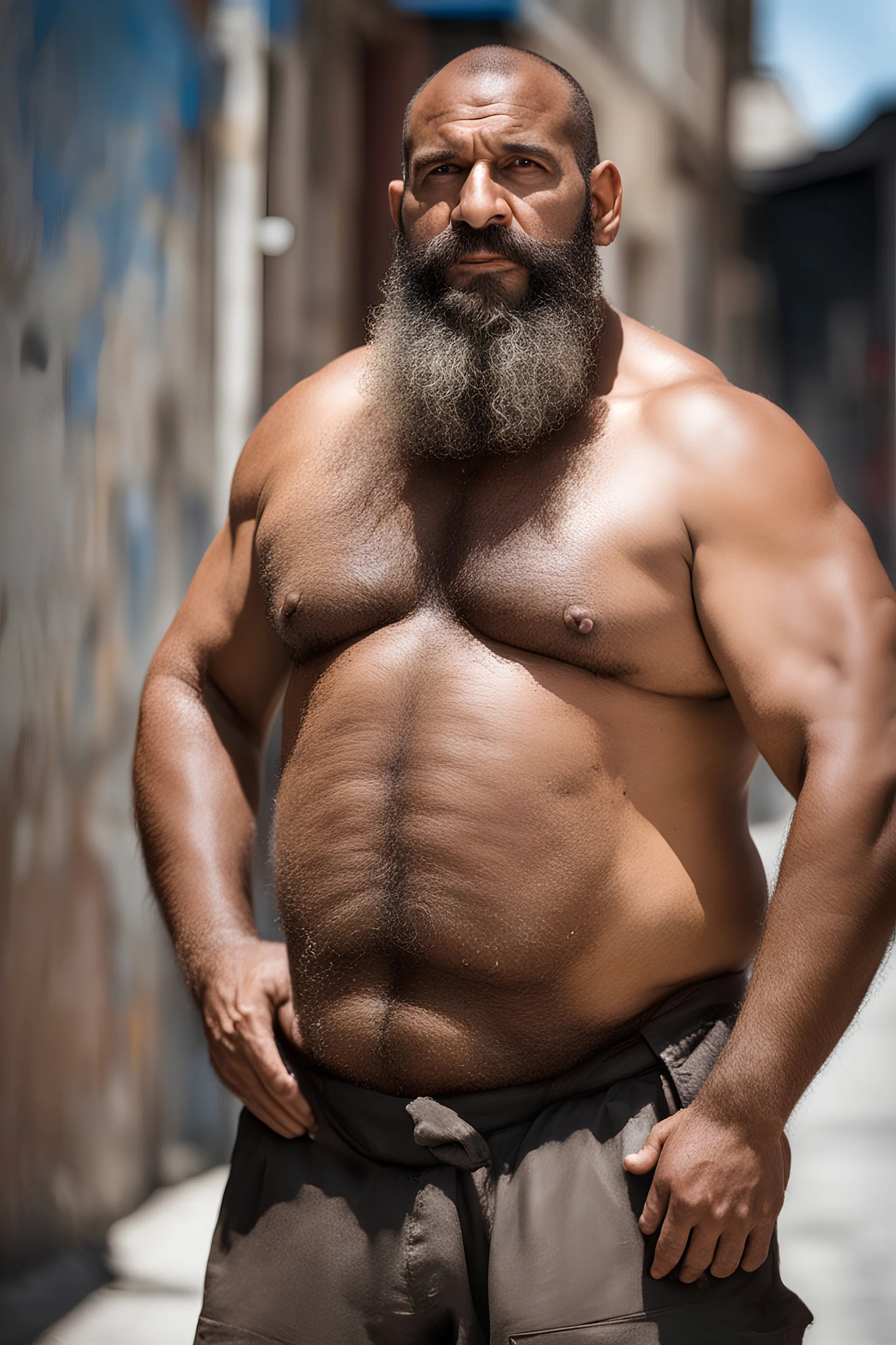 close up photography of an ugly 40 year old stocky big robust burly marocan giant, wearing his work shorts, shirtless, leaning with his back on the wall, crossing arms, dirty, sweat, wet, ajar mouth, hairy chest, , very virile, short beard, shaved hair,, , in a sunny street, photorealistic , frontal view from the ground