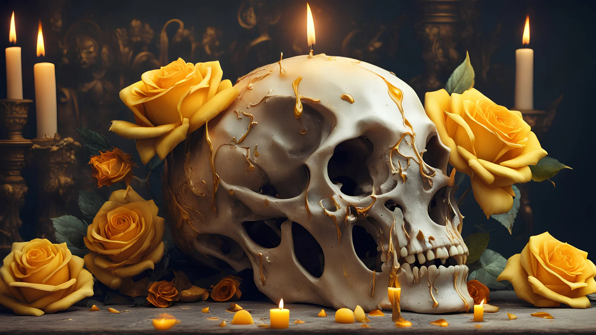 hyperrealistic dragon skull, lit candle on top of the skull, dripping wax, Shakespeare in love, large yellow roses with stem, 8K, 3D., 3d render, illustration, typography, cinematic, painting, poster, photo, architecture, product, fashion, anime, graffiti, dark fantasy, wildlife photography, conceptual art, vibrant, portrait photography, bright and vibrant neon colors,