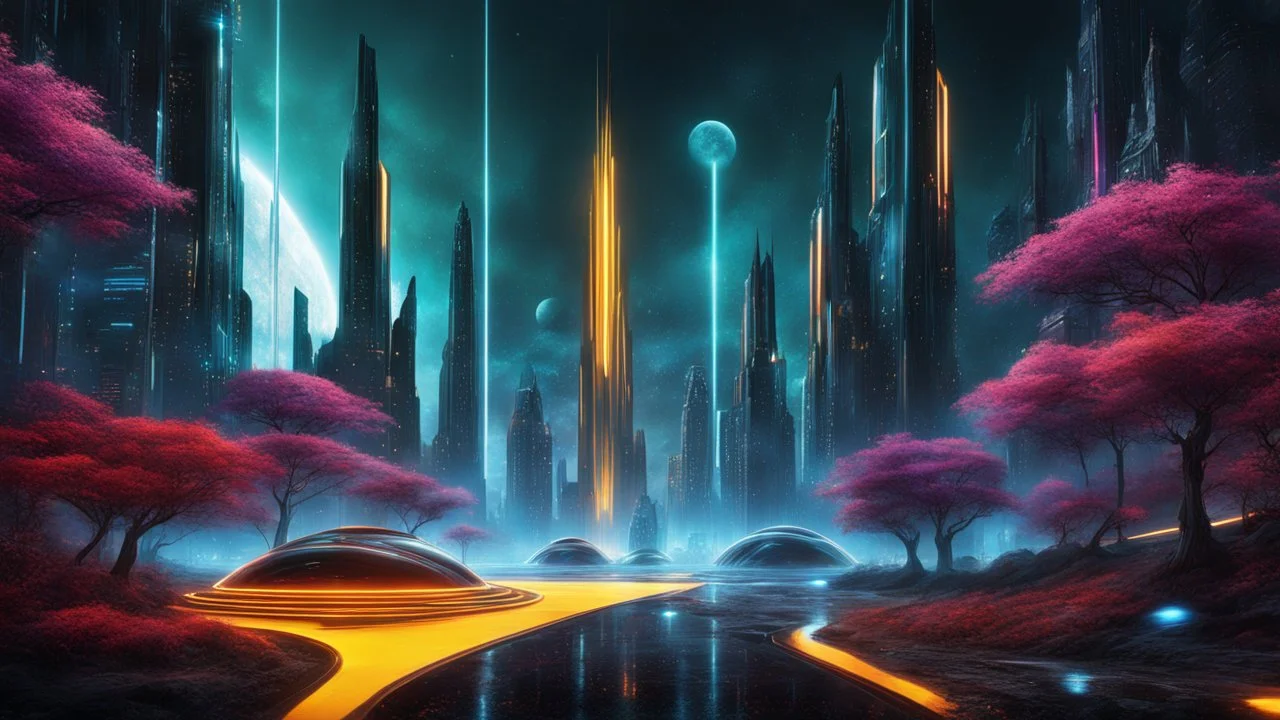 hyper realistic, tron legacy movie, space ships of the future, city of the future, green nad dark red trees , forest, yellow, blue, purple, orange, space, planets, god status creations of the universe